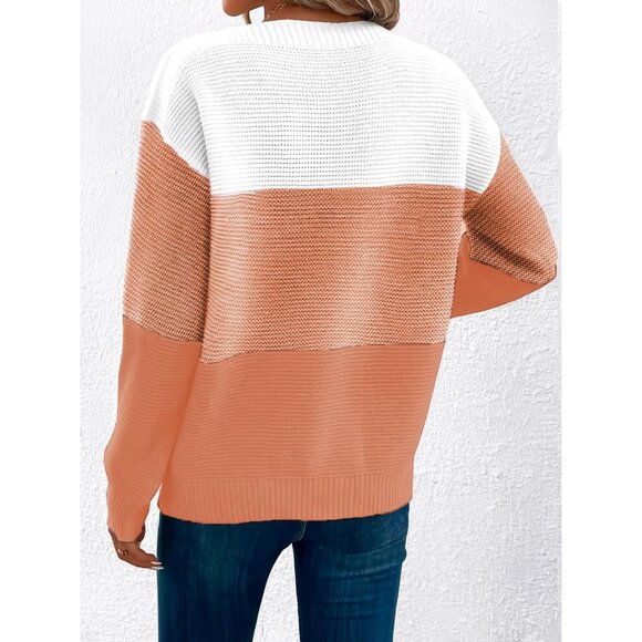 Women's Orange Long Sleeve Crew Neck Color Block Fall Fashion Pullover Sweaters - Picture 5 of 5